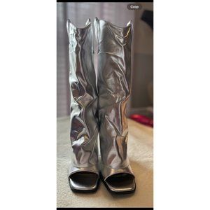 Women's Fashion Metallic Open Toe Wedge Heel Fold Over Sandal Boots Slouch Shoes